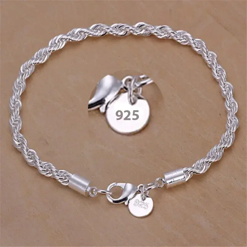 LUX-JEWEL - 925 Sterling Silver 4MM Twisted Rope Bracelets For Women Men Fashion Minimalist Couple Chain Bracelet Male Silver Jewelry Gifts