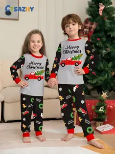 Fire-Resistant Fabric Christmas Pajama Set, Cute Gingerbread Man Print, Fitted Long Sleeve Top & Pants, Unisex Kids Holiday Sleepwear