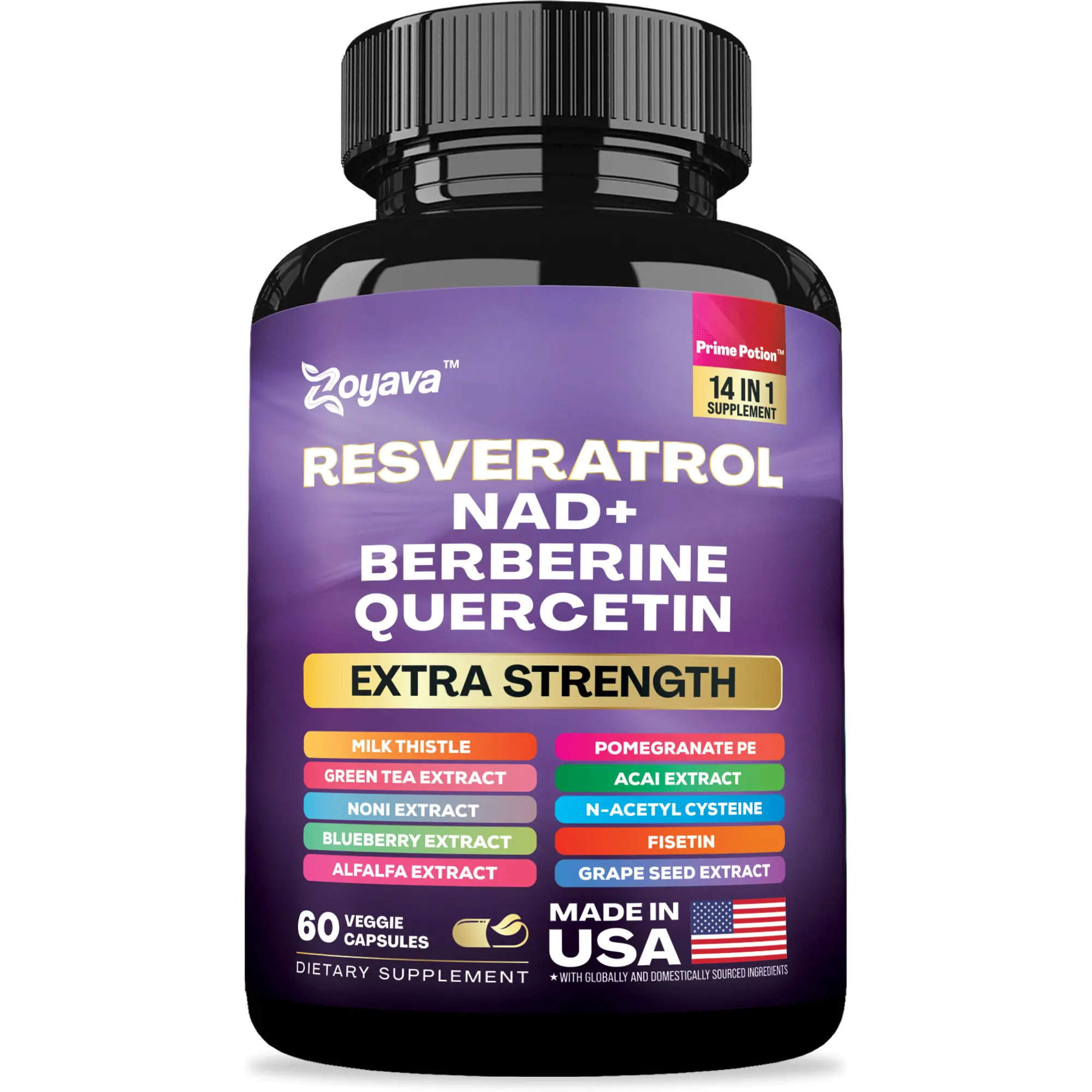 Zoyava Resveratrol Supplement - All-in-One Supplement for Skin Aging Support with NAD+ & 14+ Extra Strength Ingredients - Made in USA - 60 Capsules