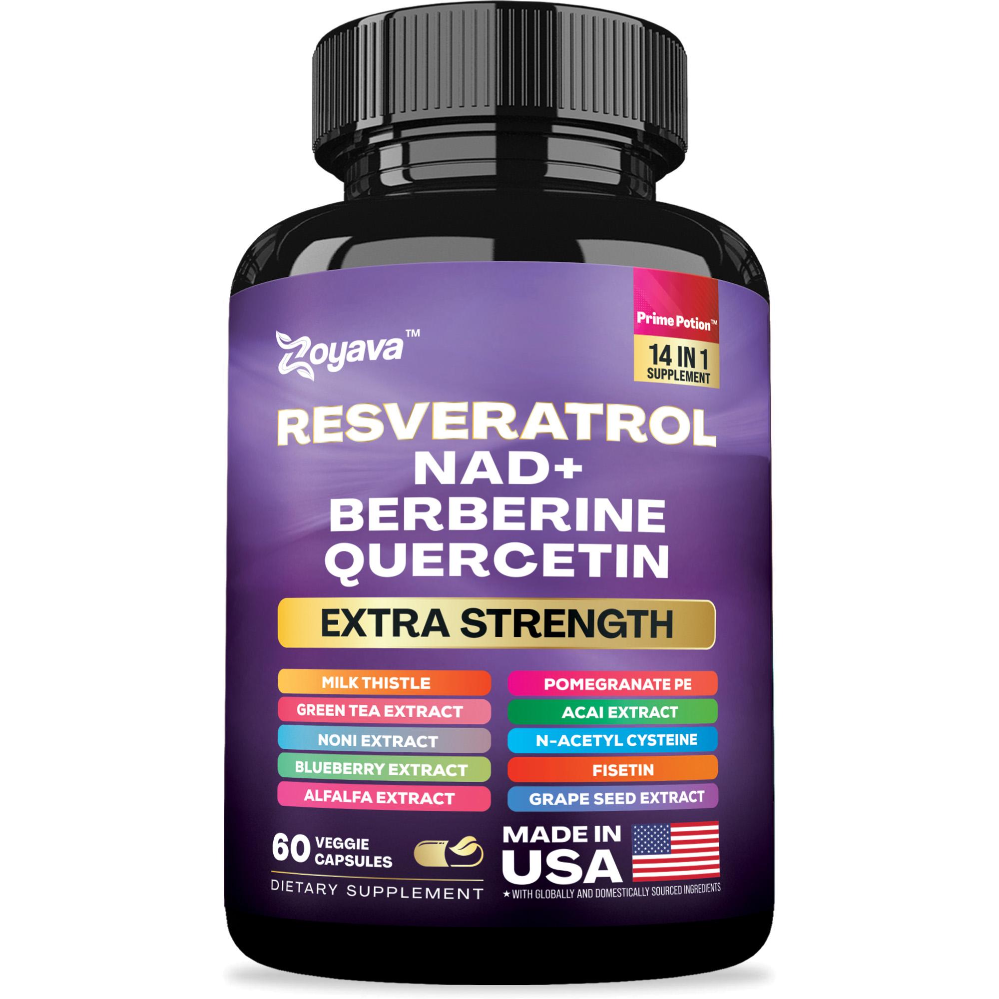 Zoyava Resveratrol Supplement - All-in-One Supplement for Skin Aging Support with NAD+ & 14+ Extra Strength Ingredients - Made in USA - 60 Capsules