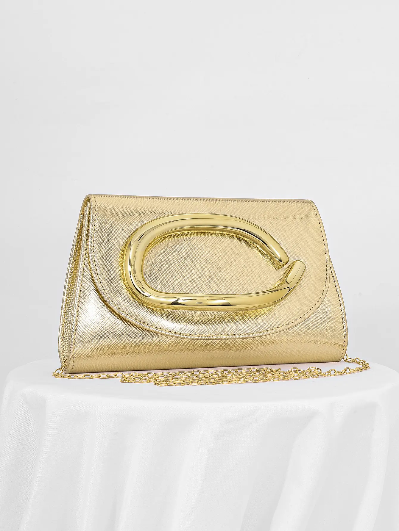 Metallic Gold Faux Leather Envelope Evening Shoulder Clutch for Women, Large C Shape Gold Metal Buckle Flap Handbag, Trendy Glossy Formal Purse with Detachable Chain Strap, Crossbody Shoulder Bag for Wedding Cocktail Party
