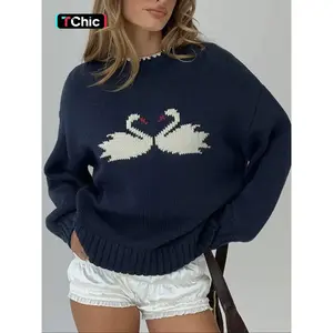 Knit Sweater Top Graphic Knit Sweater Swan Pattern Crew Neck Long Sleeve Soft Knit Pullover Casual Loose Oversized Cozy Fall Winter Trendy Womens Chic Street Style Relaxed Fit Fashion Knit Sweater