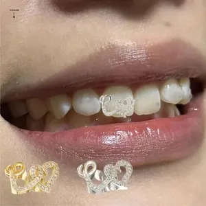 2Pcs Copper Double Heart Teeth Caps Comfortable Zircon Hip Hop Braces Teeth Grills Decorative Personalized