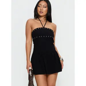 Nidia Eyelet Tie Neck Playsuit Black