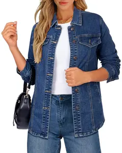 luvamia Women's Denim Jacket 2026 Fashion Western Oversized Shacket Button-Up with Pockets Casual Coats Outerwear Fitted Elastic Fit Long Sleeves