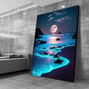 Frameless Moonlit Beach Canvas Print - Modern Abstract Seascape Wall Art for Living Room and Bedroom, 31.49"x47.24" Luminous Moon and Shoreline Poster, No Power Needed, Decorative Artwork rimless