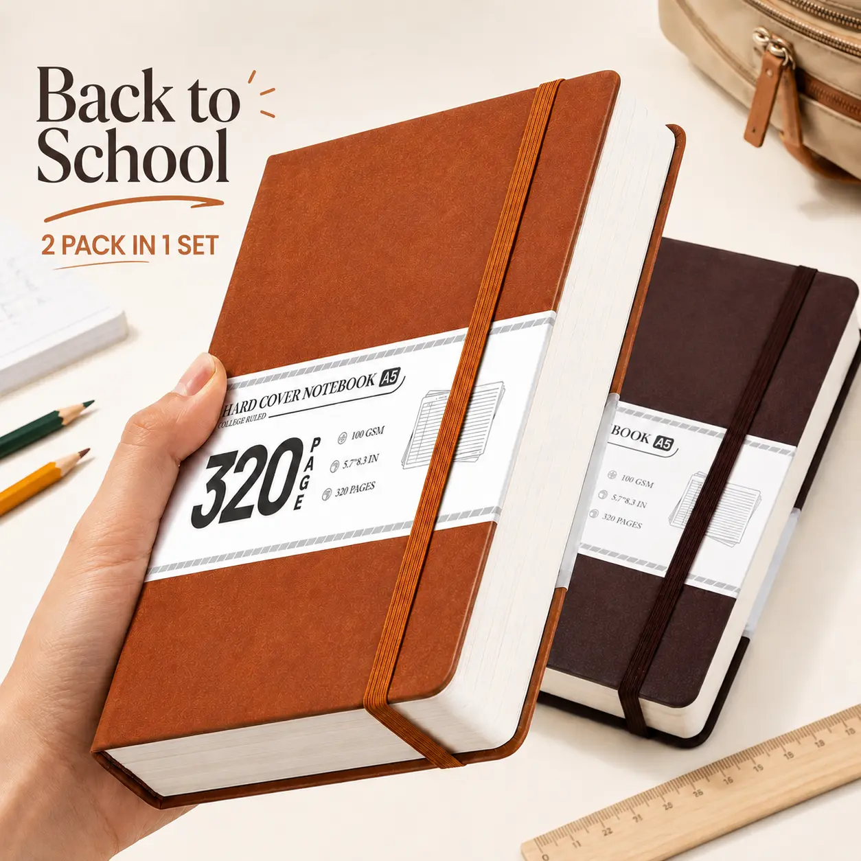 CAGIE 2-Pack A5 Hardcover Journal Set, 320 Pages 100GSM Super Thick Paper Stationery Office Supplies, Portable Notebook for Students (Back to School Stuff, Student Stationary)