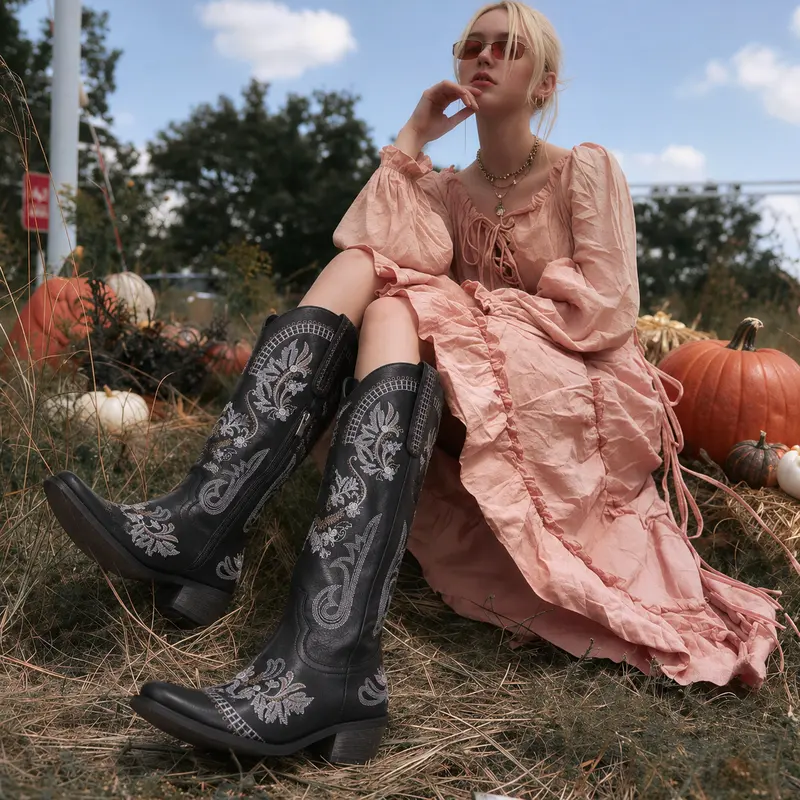 Women's Wide Calf Knee-High Fashion Cowboy Boots - Pointed Toe, Pull-On Zip Fast, Classic Embroidery, Rhinestone Accents, Low Heel, Slip-Safe Rubber Sole, Polyurethane, All Seasons Western Footwear for Rodeo, Concerts,outdoorfun