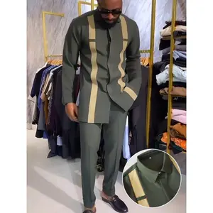 2PCS Plus Size Men's Traditional Ethnic Set - Striped Long Sleeve Button-Down Shirt With Collar And Elastic Waist Solid Color Pants - Stylish Outfit For Parties, Weddings, Daily Wear - For Men Clothes Menswear Suits Gamis