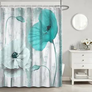 Teal Floral Shower Curtain 72x72 Inch, Boho Farmhouse Watercolor Poppy Bathroom Curtain, Washable Fabric Shower Curtain with 12 Hooks
