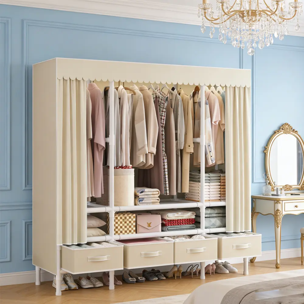 Large Freestanding Fabric Wardrobe with Beige Dust Curtain Cover, Easy DIY-Assemble Metal Frame, Storage Drawers, Bottom Shoe Platform & Stackable Area, Bedroom Organizer for Renters