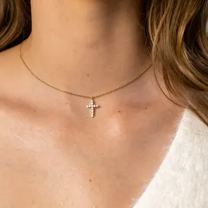 Diamond Cubic Zirconia Cross Necklace – Solid 925 Sterling Silver, 14K Gold Plated | Valentine’s Gift for Her