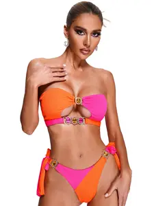 Two-Piece Orange and Pink Spaghetti Strap Bikini with Pink Stone Accents