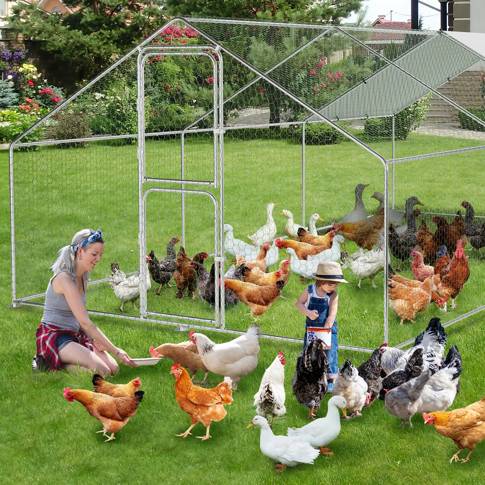 YJ-Garvee Large Metal Chicken Coop with Double Lockable Doors, Walk-In Chicken Run Pen House with Waterproof & Anti-Ultraviolet Cover for Backyard farm