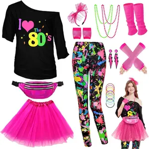 80s Outfit Women Costume Accessories Set, T Shirt Leggings Tutu Skirt Fanny Pack Headband Fishnet Gloves Legwarmers