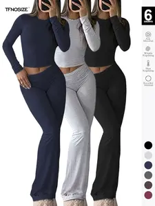 Women's 2 Piece Casual Pajama Set, Slim Fit Long Sleeve Top & Low Rise Bell Bottoms, Versatile Yoga Loungewear for All Seasons,Airport Outfit