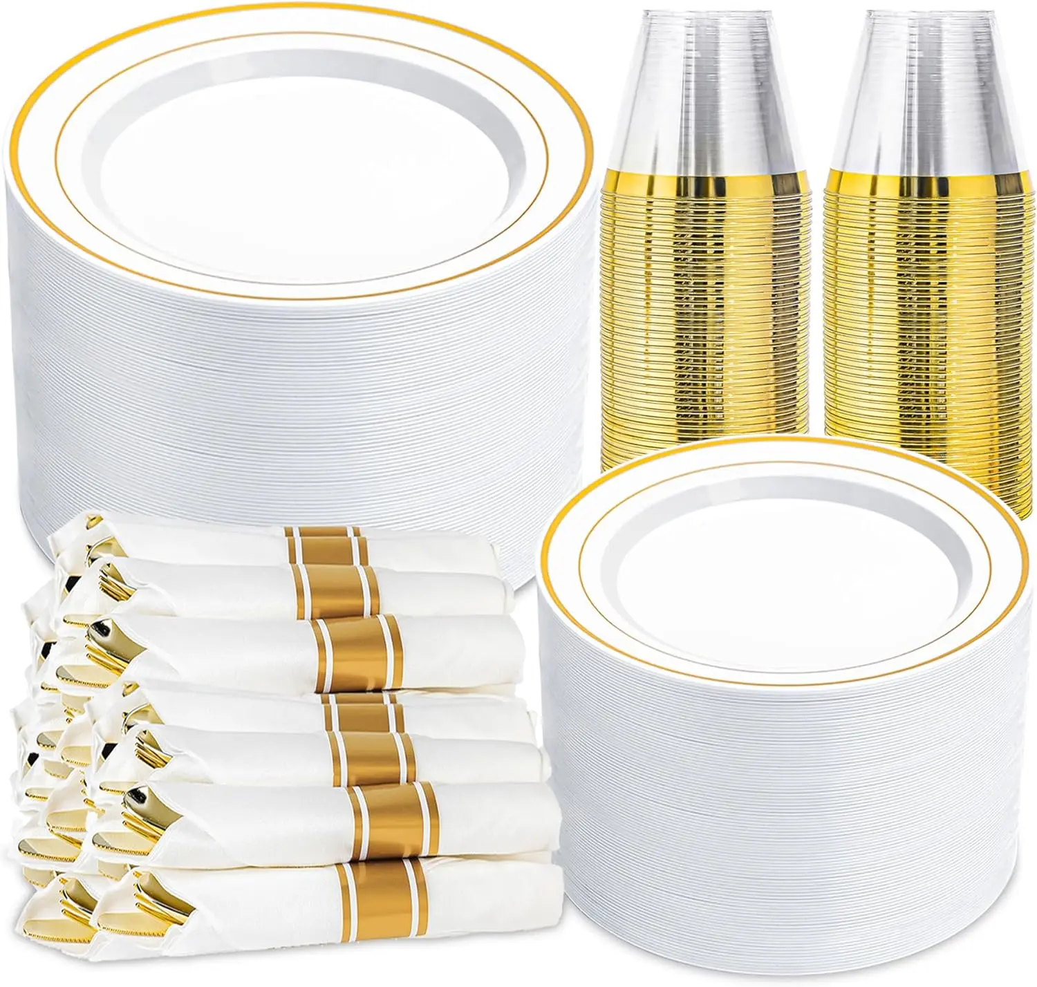 350 PCS White and Gold Dinnerware Set for 50 Guests| Disposable, White, Include 100, 50 Pre Rolled with Gold Silverware, 50 Cups