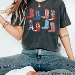Comfort Colors Cowgirl Boots USA Shirt, 4th of July T-Shirt, Aesthetic Western Patriotic Graphic Tee, Trendy Country Girl Independence Day Top, Retro Nashville Summer Shirt, Vintage Star Spangled Boots Tee, Coastal Cowgirl USA Graphic Shirt