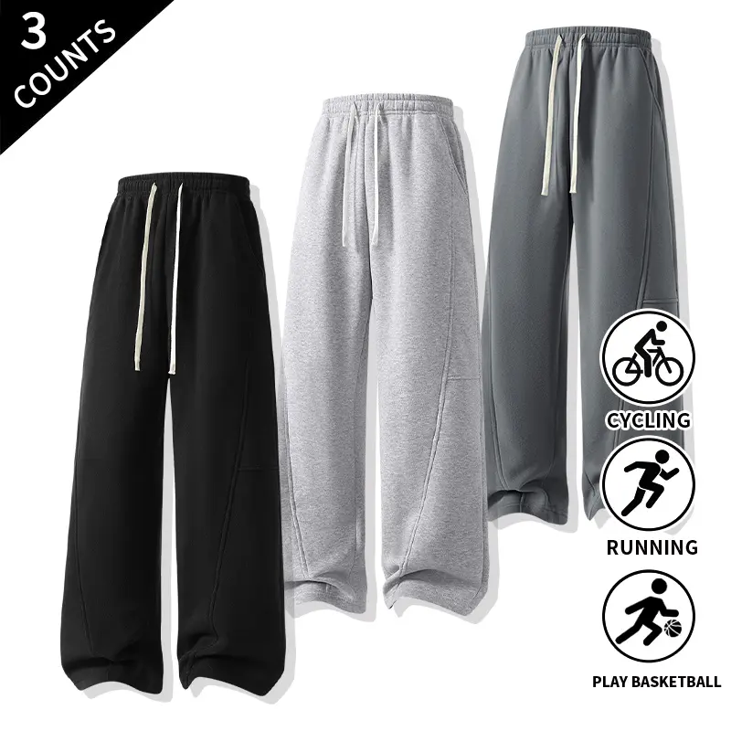 3-Pack Men's Straight-Leg Sweatpants, Drawstring Loose Casual Pants with Pockets for Running, Basketball, and Everyday Wear