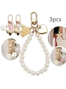 3-Piece Pearl Necklace Set, Floral Heart Design, Women's Bag Charm, Keychain, Elegant Pendant Gift