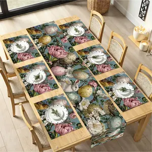 Easter Table Runner and Placemats Set of 6, Floral Easter Eggs & Bunny Design, 1 Table Runner (72x13 in) + 6 Placemats (17.7x11.8 in),  Easter Dining Table Decor