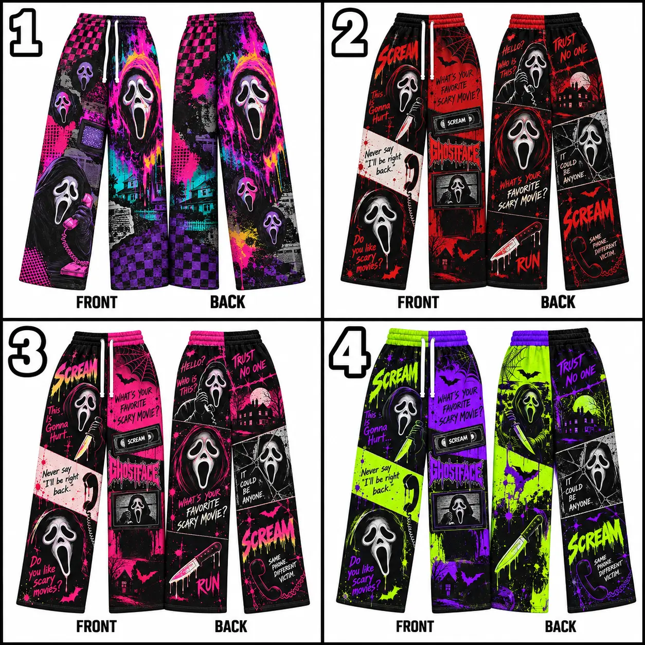 Overprint Ghostface Horror Loose Sweatpants, Scream Inspired Neon Graphic Wide Leg Pants, Halloween Slasher Movie Streetwear, Unisex Baggy Pants