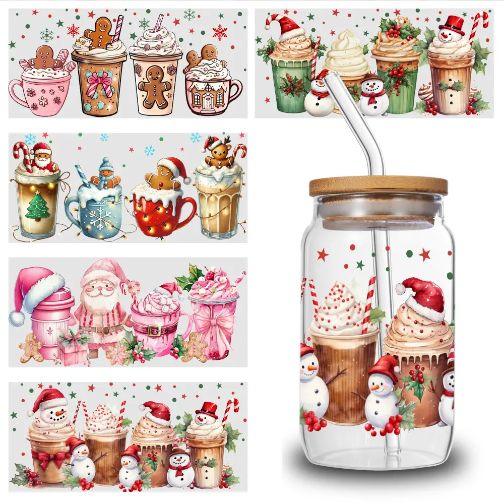 5 Sheets Christmas Drinks UV DTF Stickers Glass DTF Transfer Stickers Suitable for 16 oz Glass DIY Water Bottle Glass Mug Decoration Gift UV DTF Transfer Stickers for Glass Cups