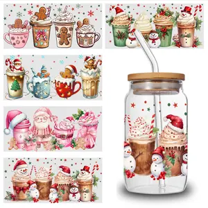 5 Sheets Christmas Drinks UV DTF Stickers Glass DTF Transfer Stickers Suitable for 16 oz Glass DIY Water Bottle Glass Mug Decoration Gift UV DTF Transfer Stickers for Glass Cups