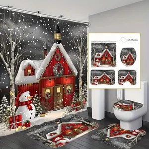 Bathroom Decorations, 4 Counts/set Including Shower Curtain & Toilet Lid Cover & Mat & U-shaped Mat, Bathroom Accessories