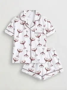 Women's Coffee Printed Sleepwear Set, Short Sleeve Button-Up Top & Elastic Shorts, Casual Fitted Pajamas Loungewear for All Seasons