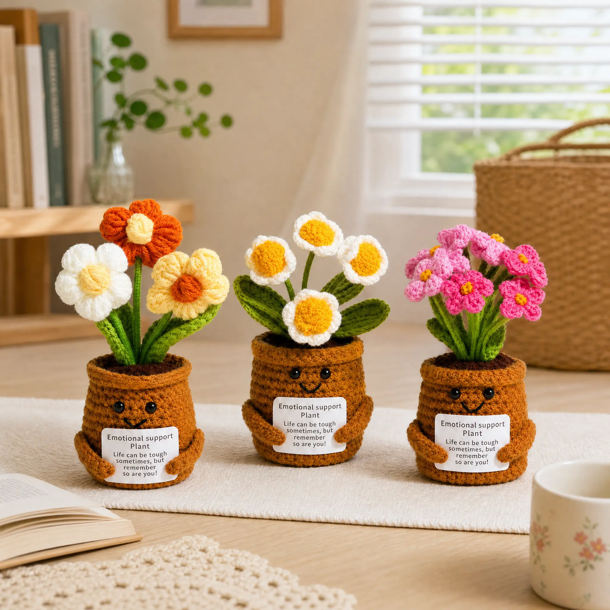 Handmade Crochet Soft Yarn Emotional Support Floral Plant with Mini Knitted Colorful Flower Pot - Desk Home Decor, Gift Idea for Friends, Desk Decor, Supportive