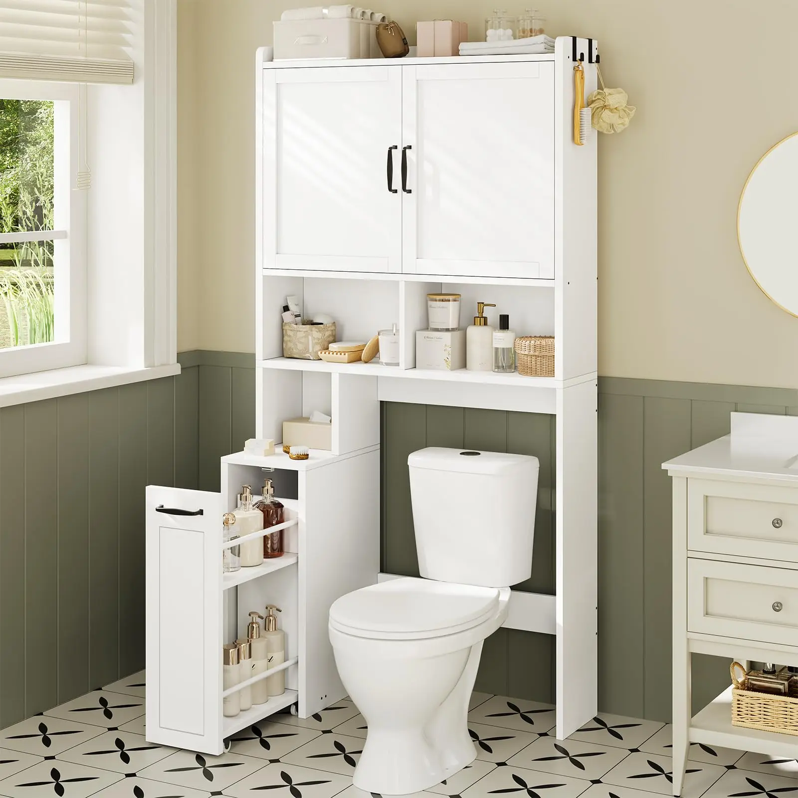 Freestanding White Over-the-Toilet Storage Cabinet with Pulley, Adjustable Shelf & Hooks - Adjustable Storage Bathroom Furniture, Bath Solutions for Bathroom, Restroom, Laundry, Bath Storage Solutions