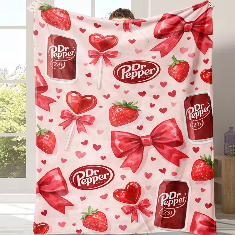 Soda Pink Bow Strawberry Heart Lollipop Coquette Seamless Pattern Print Dr Pepper Flannel Throw Blanket Y2K Feminine Aesthetic Soft Plush Fleece Blanket Girly Room Decor Gift For Dr Pepper Fans Soda Lovers Birthday Sofa Bedroom Present