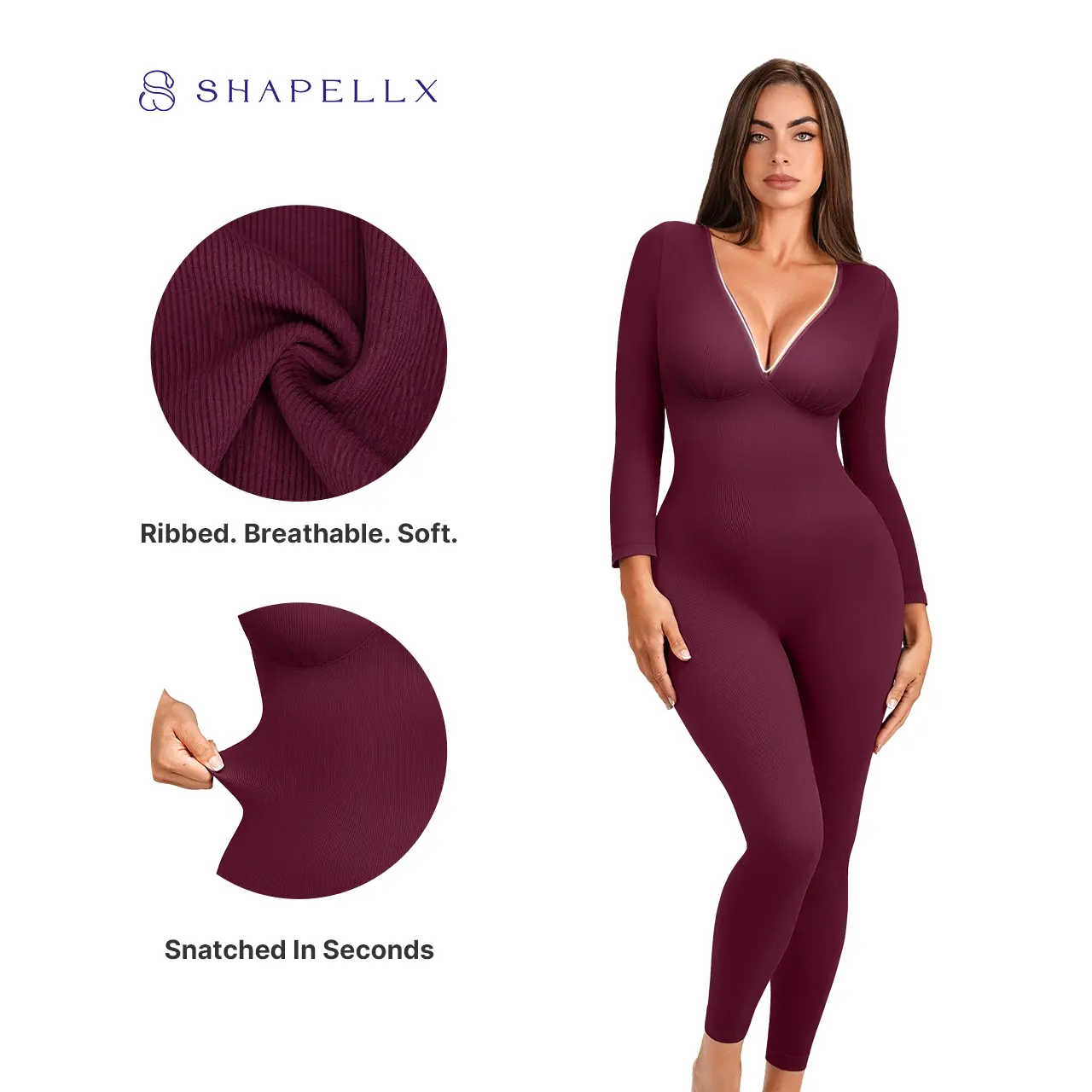 SHAPELLX Women's Deep V Ribbed Long-Sleeve Jumpsuit for Fall - Skin-Friendly Breathable Slim-Fitting Fabric with Tummy Control and Removable Padded  Glute-Lifting Midsection-Sculpting Overalls, Sporty Chic Stylish, Ideal for Yoga Workouts, Clothes