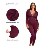SHAPELLX Women's Deep V Ribbed Long-Sleeve Jumpsuit for Fall - Skin-Friendly Breathable Slim-Fitting Fabric with Tummy Control and Removable Padded  Glute-Lifting Midsection-Sculpting Overalls, Sporty Chic Stylish, Ideal for Yoga Workouts, Clothes
