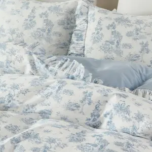 Country Toile Duvet Cover Set Full Size for Girls Bedroom  Blue Toile Floral Print  Cotton Delicate Ruffle Fringe Soft and Breathable, 3 count Bedding with Zipper Closure