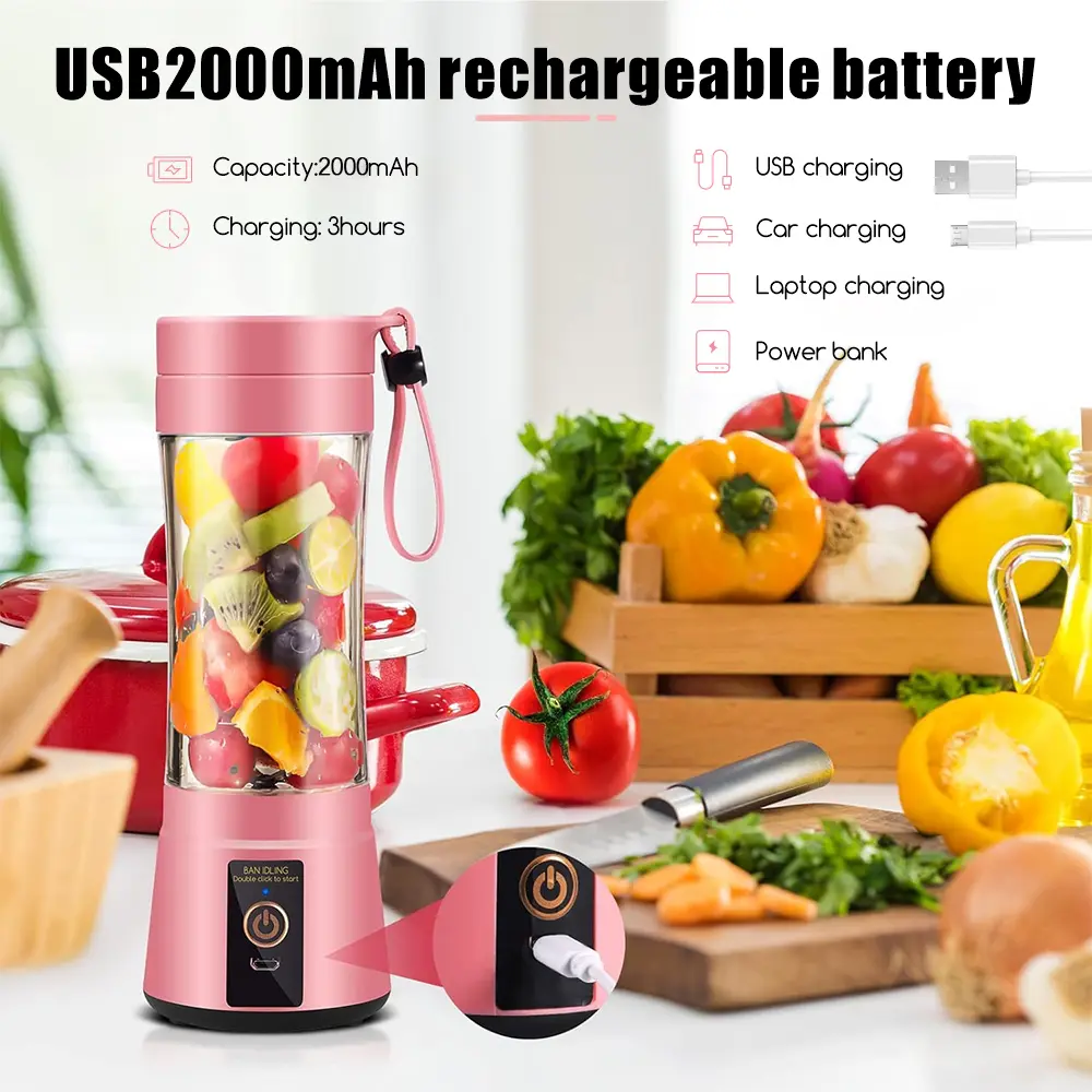 400ML Rechargeable Portable Mixing Cup Electric USB Juice Blender Mini Mixer Six Blades Perfect for Blending in Pink Black Purple, Compact, On-The-Go