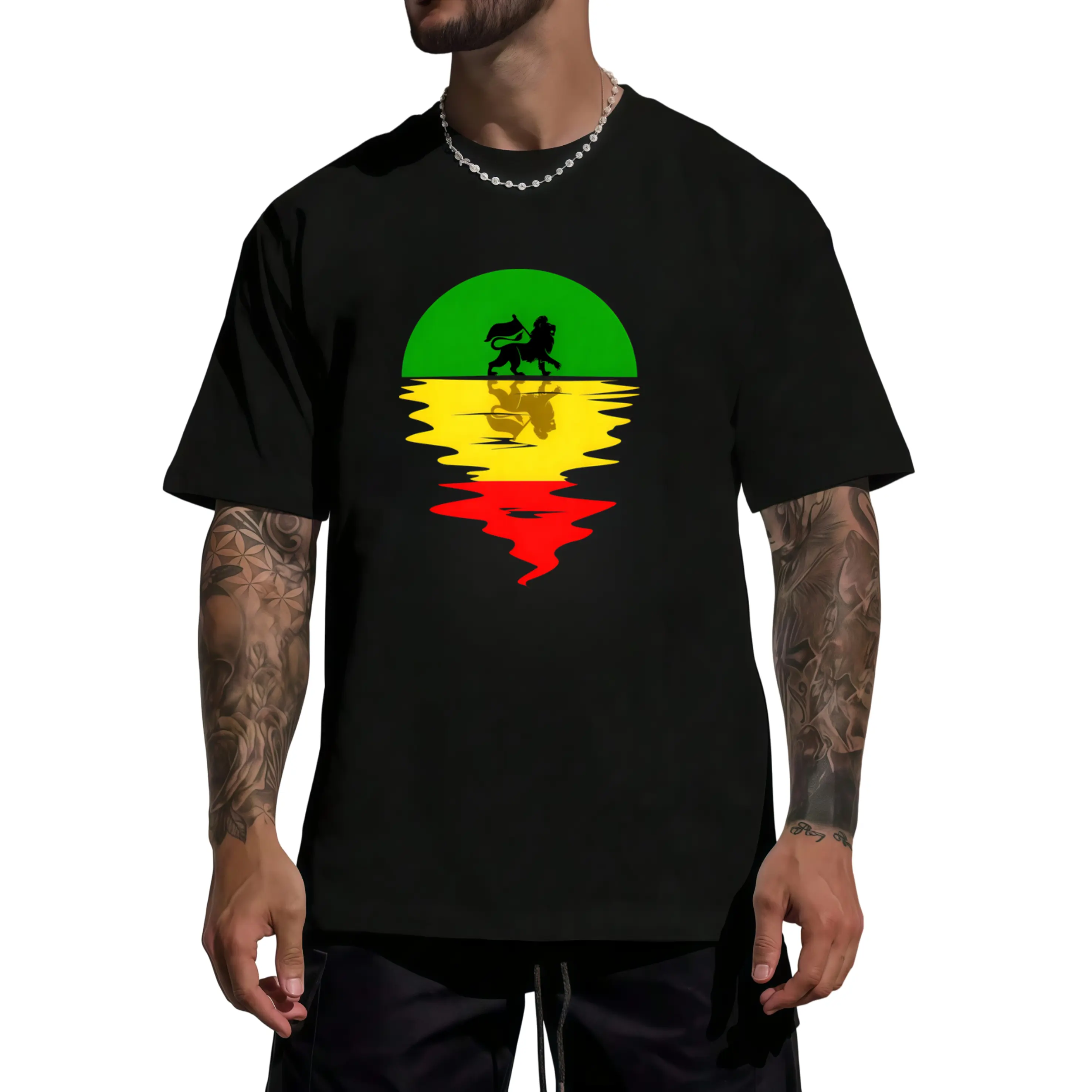 Men's Lion of Judah Reggae T-Shirt - Rasta Colors Jamaican Cultural Apparel, Retro Short Sleeve Round Neck Casual Wear Suitable for All Seasons, Iconic Lion of Judah Print for Concerts & Everyday Outfits