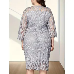 Plus Size Women’s Lace Long Sleeve Mid-Length Bodycon Cocktail/Evening Party Dress – Elegant Polyester