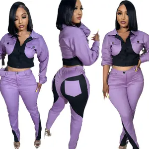 Women's clothing leisure sports stitching contrast color long sleeve trousers two-piece suit Top Womenswear