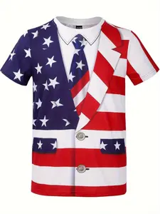 American Flag Suit Short Sleeve T-Shirt, Patriotic Fun Style, Fake Suit & Tie Print, Perfect for Independence Day Parties