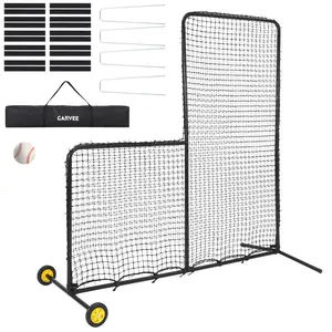 Steel L-Shaped Baseball Pitching Net with Wheels - 7x7FT Protective Screen for Batting Cage, Field, Softball & Tee-Ball Practice - Portable Pitcher Net