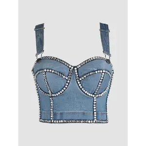 Tube Tank Tops Bra Blusas Short Denim Rhinestone Sequins Corset Woman Clothing Summer Spring Fishbone Sling Wedding Party Blind Date Stage Party Shaper Ladies Shirt Weighted Vests Women Sexy Clothes Elevated Going Out Crop Tops