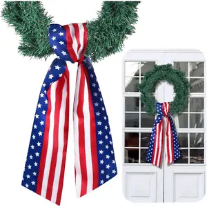4th of July Wreath Sash for Front Door Satin Embroidery Patriotic Red Blue White Star Monogram Garland Ribbon Accessory for 250th Anniversary Independence Day Party Indoor Outdoor
