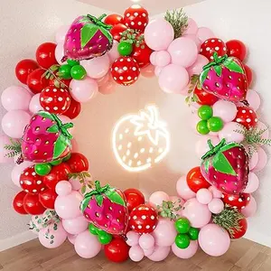 Strawberry Balloon Arch Garland Kit, 130Pcs Pink Red Green Strawberry Balloon, for Girl Berry Birthday Party Decoration