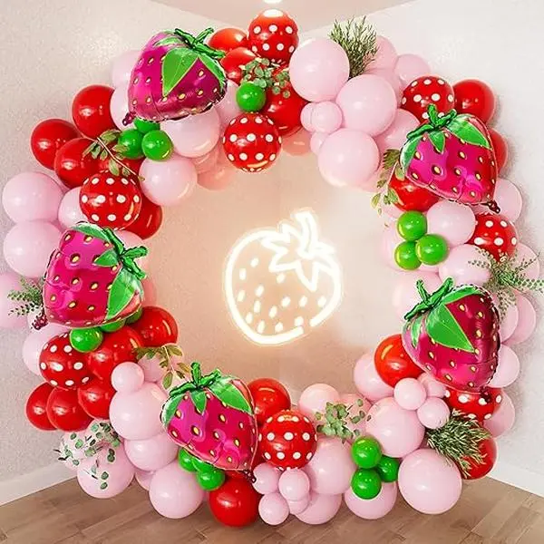 Strawberry Balloon Arch Garland Kit, 130Pcs Pink Red Green Strawberry Balloon, for Girl Berry Birthday Party Decoration