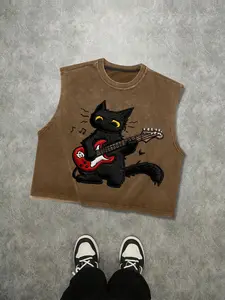 Men's Sleeveless Short Tank Top, Stylish Tank Top, Street High Street Cut, Pure Cotton Breathable Fabric, Cat Graphic Pattern Print, Casual All Seasons Wear
