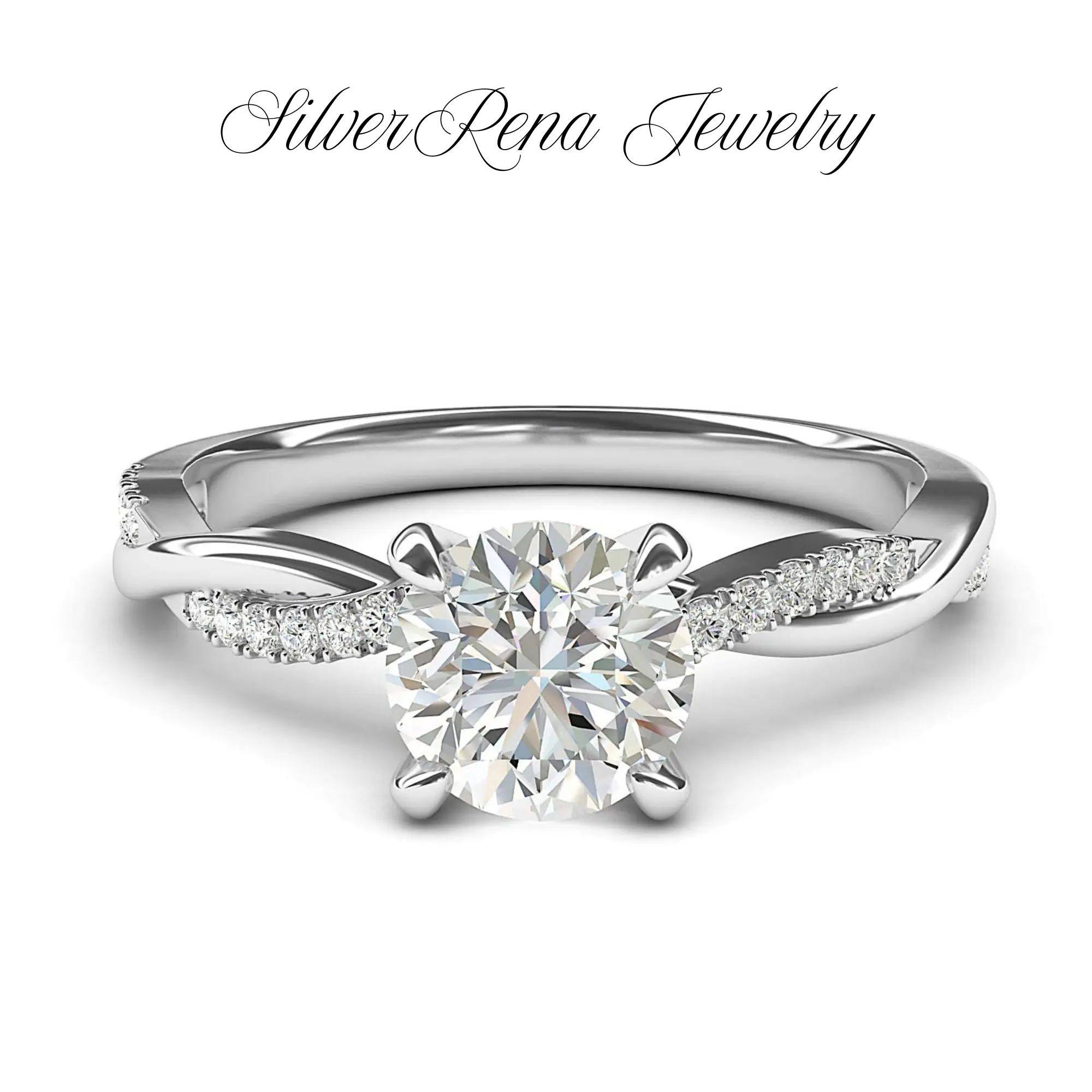 S925 Engagement Ring with Round Cut Simulated Diamond & Zirconia Accents – Elegant Crossover Wedding Band for Women