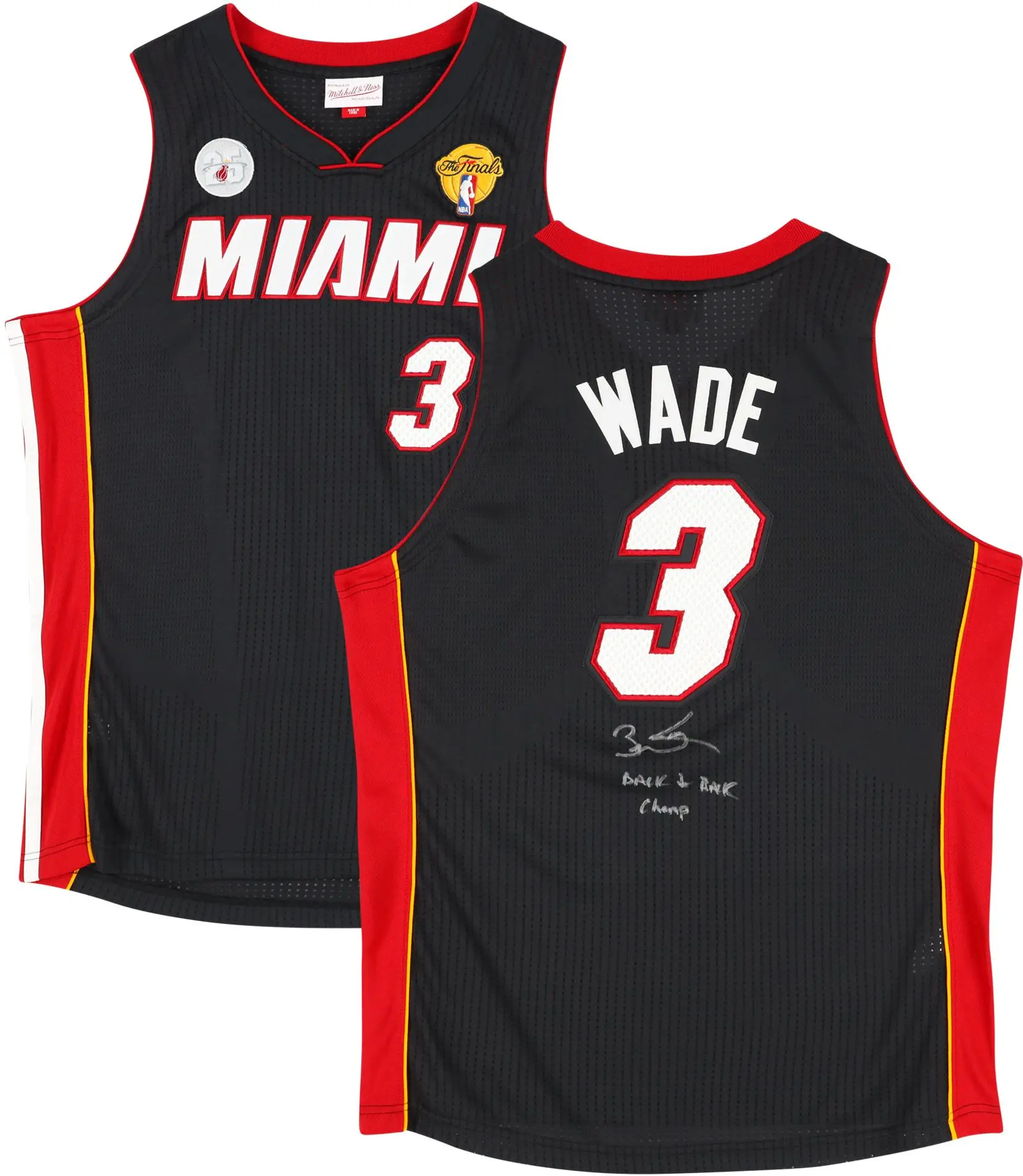 Dwyane Wade Miami Heat Autographed Black Mitchell & Ness 2012-2013 Authentic Jersey with 25th Anniversary and NBA Finals Patch with "Back to Back Champ" Inscription - Fanatics Authentic Certified