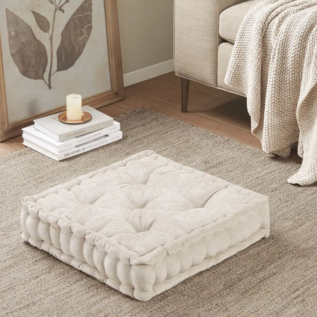 Square Floor Pillow Cushion in Soft Poly Chenille, 20x20 Inch, Ivory, Plush Seating for Living Room, Bedroom, Dorm, Reading Nook, Meditation, Kids Playroom, Machine Washable, Single Pack
